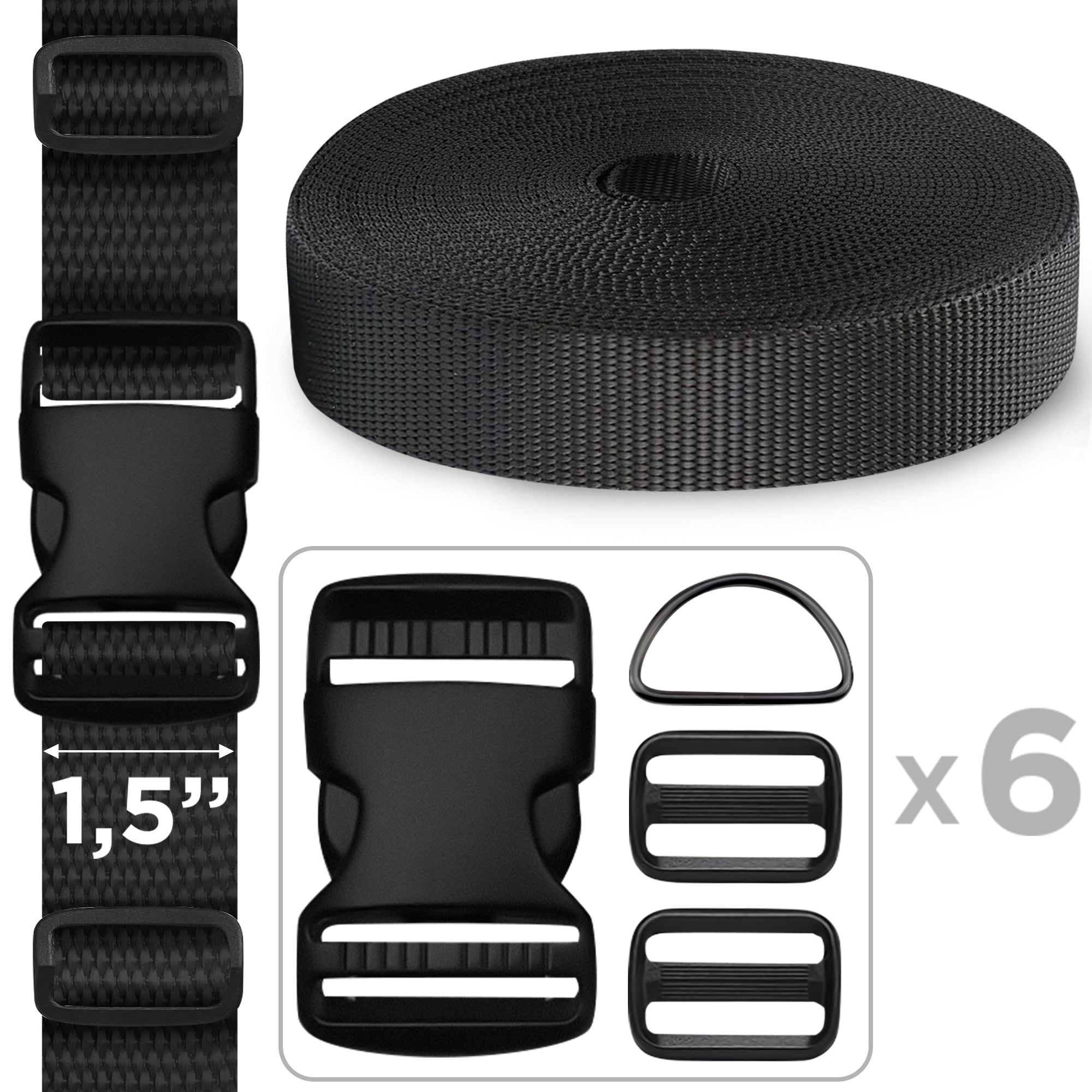 1.5" Buckles & Strap Kit – Black – 6 Yards - image 1