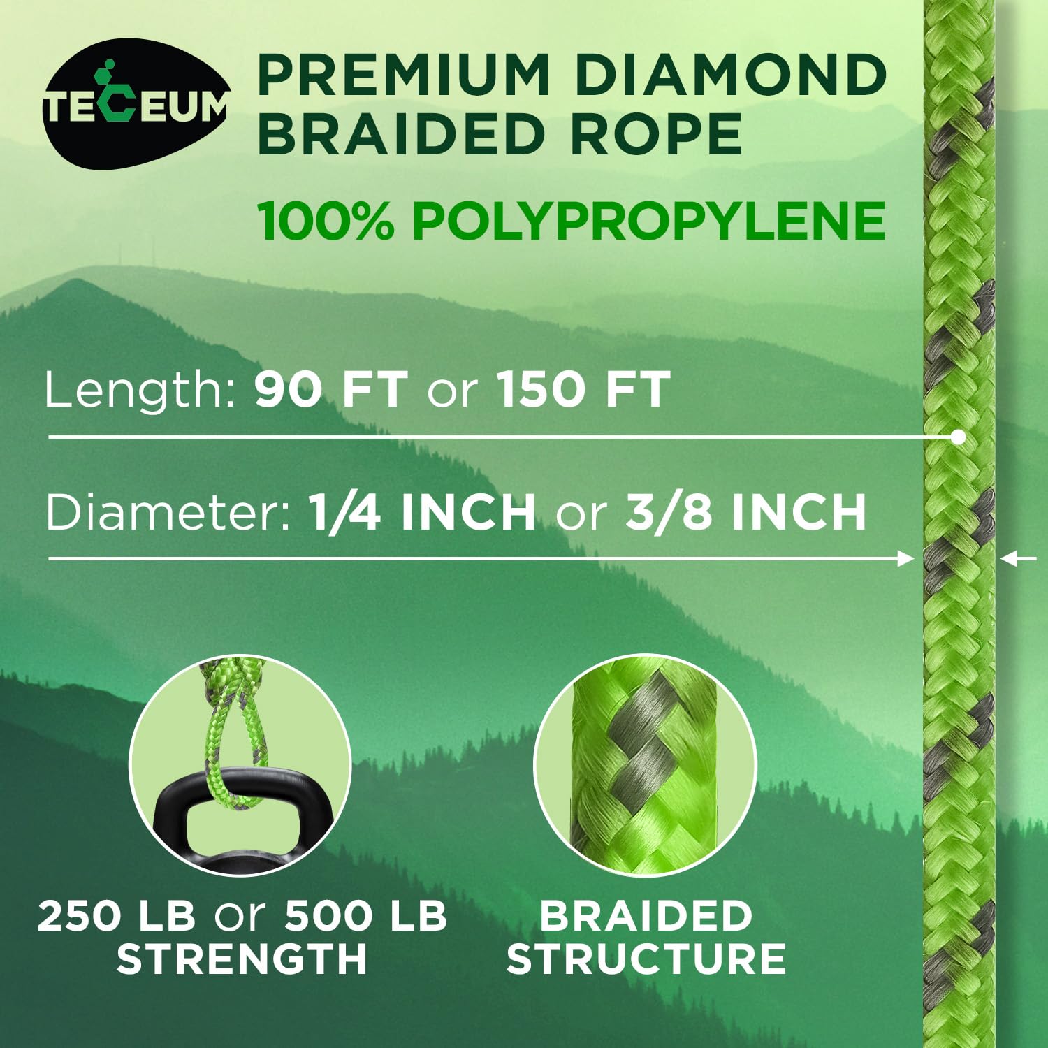 Rope Polypropylene 1/4" 90 ft Green Gray - image 2