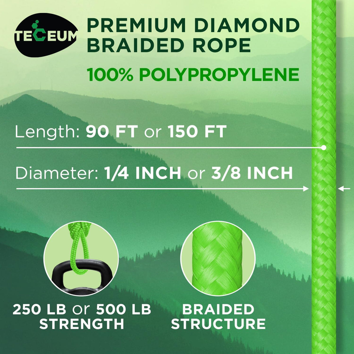 Rope Polypropylene 1/4" 90 ft Neon Green - image 2