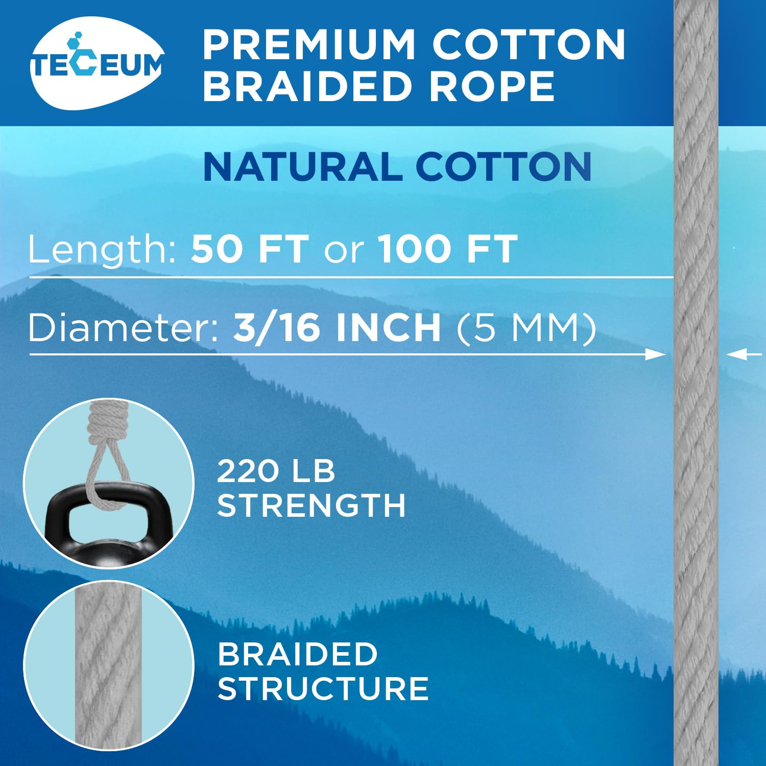 Rope Cotton 3/16" 50 ft Light Gray - image 2