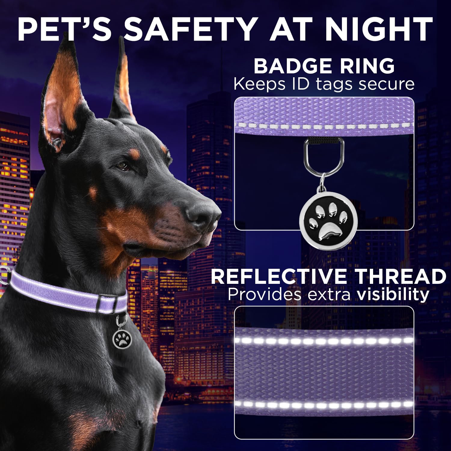 Reflective Dog Collar - 1  1/4" - M - Lavender - image 4