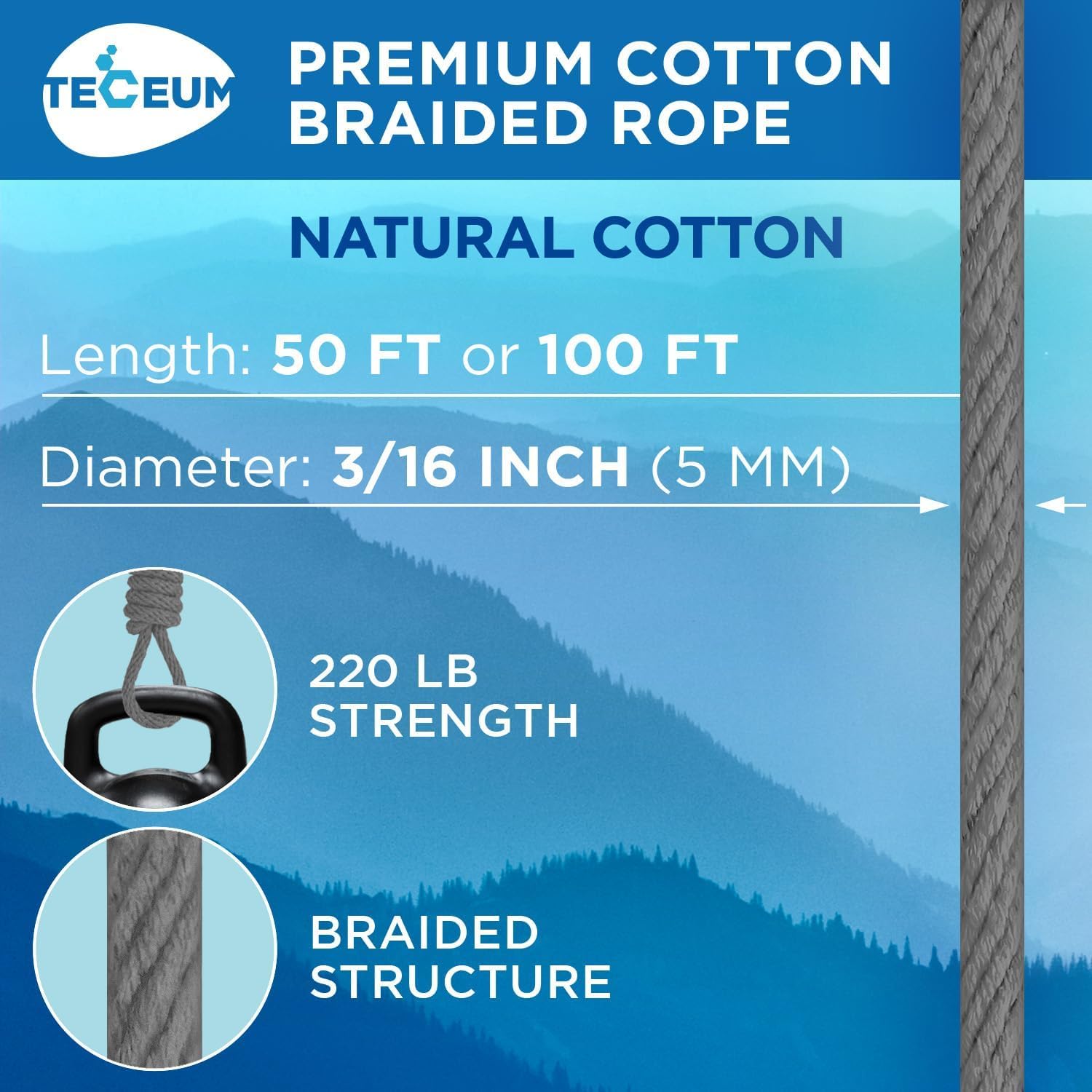 Rope Cotton 3/16" 50 ft Gray - image 2
