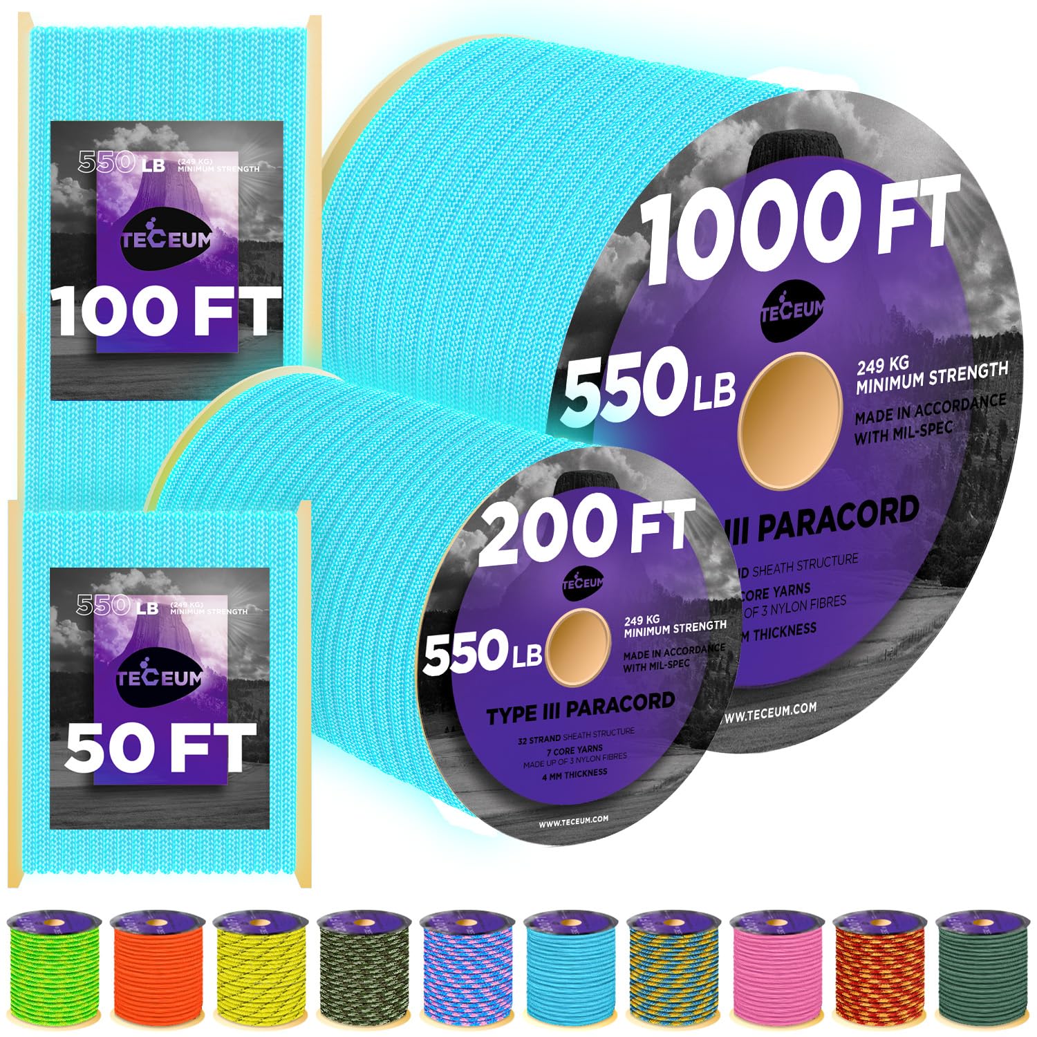 Paracord III 550 Blue - Glow in the dark – 50 ft - image 1