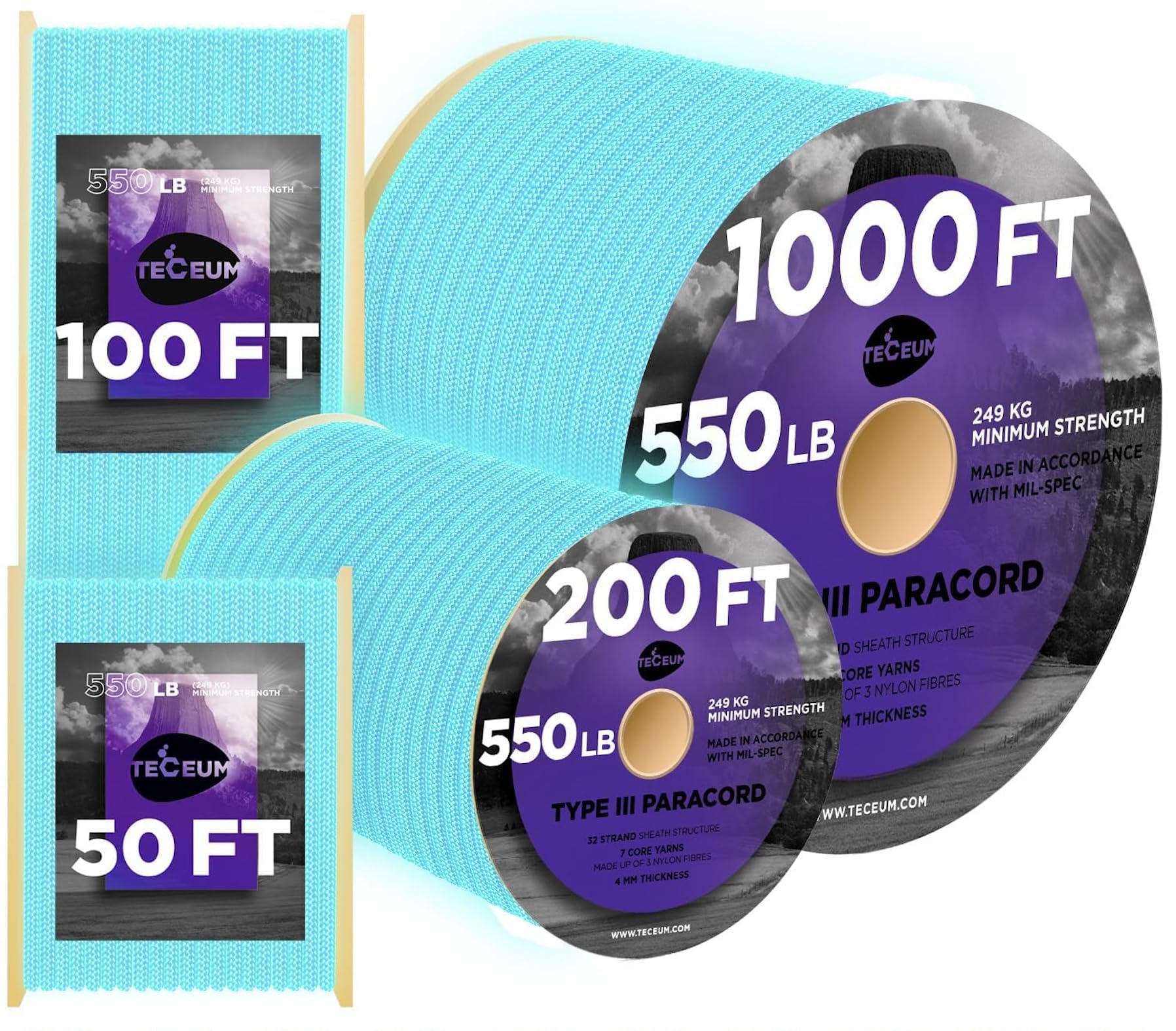 Paracord III 550 Blue - Glow in the dark – 100 ft - image 1