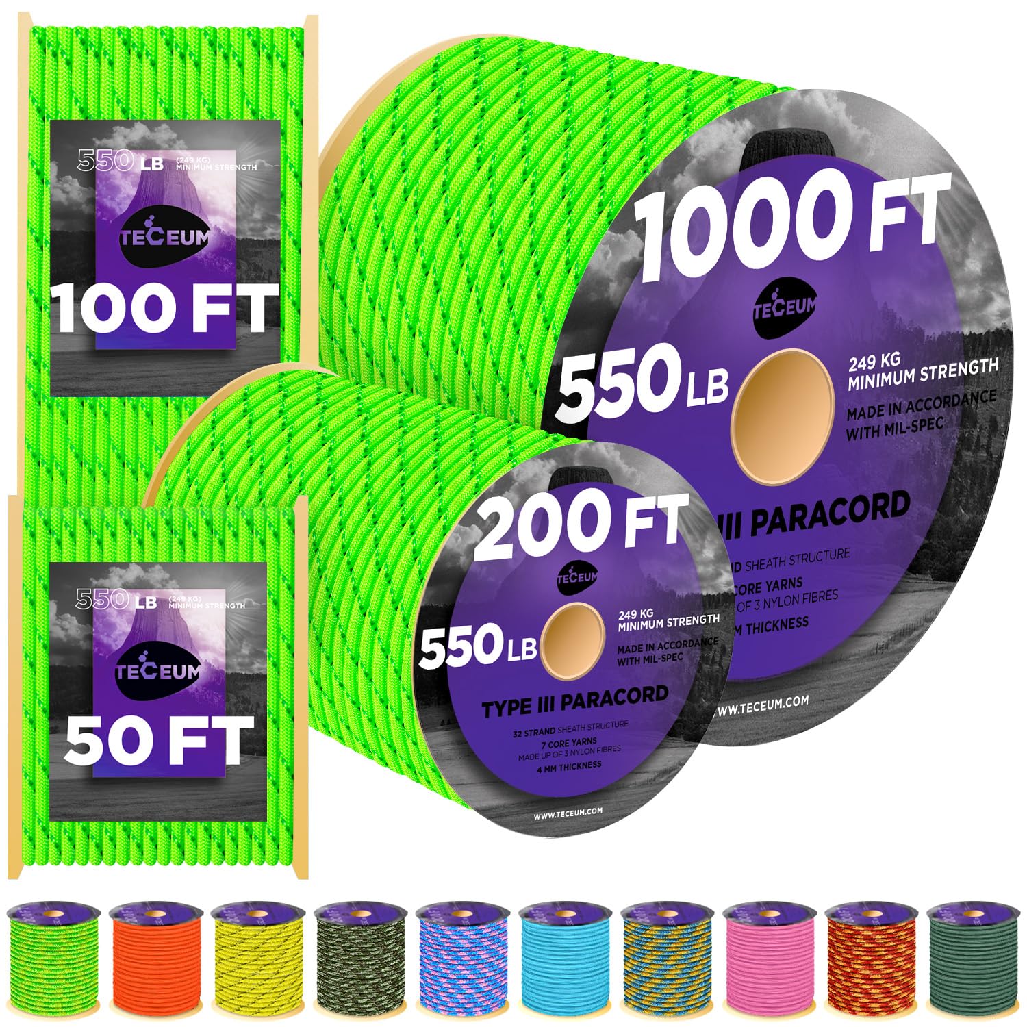 Paracord III 550 Reflective Neon Green – 100 ft - image 1