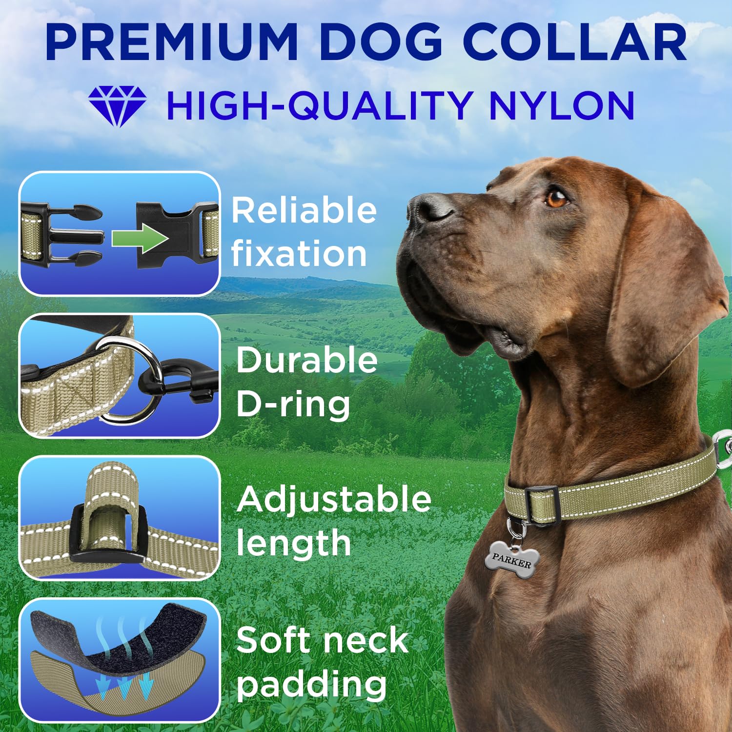 Reflective Dog Collar - 1" - M - Olive - image 2
