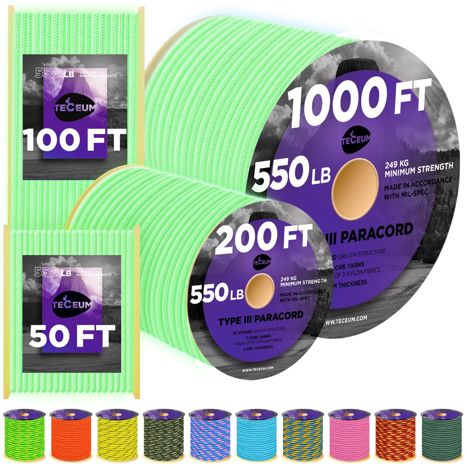 Paracord III 550 Green - Glow in the dark – 200 ft - image 1