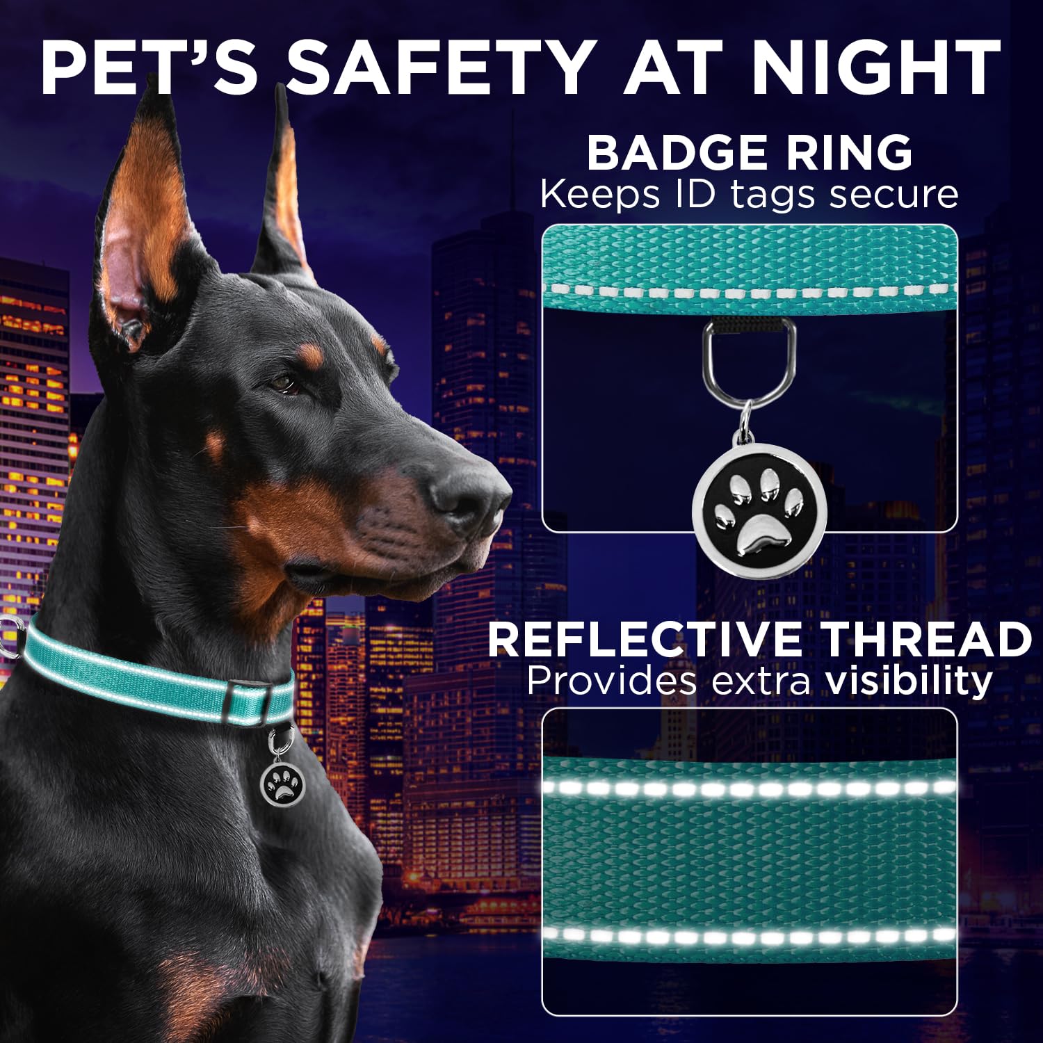 Reflective Dog Collar - 1" - M - Teal - image 4