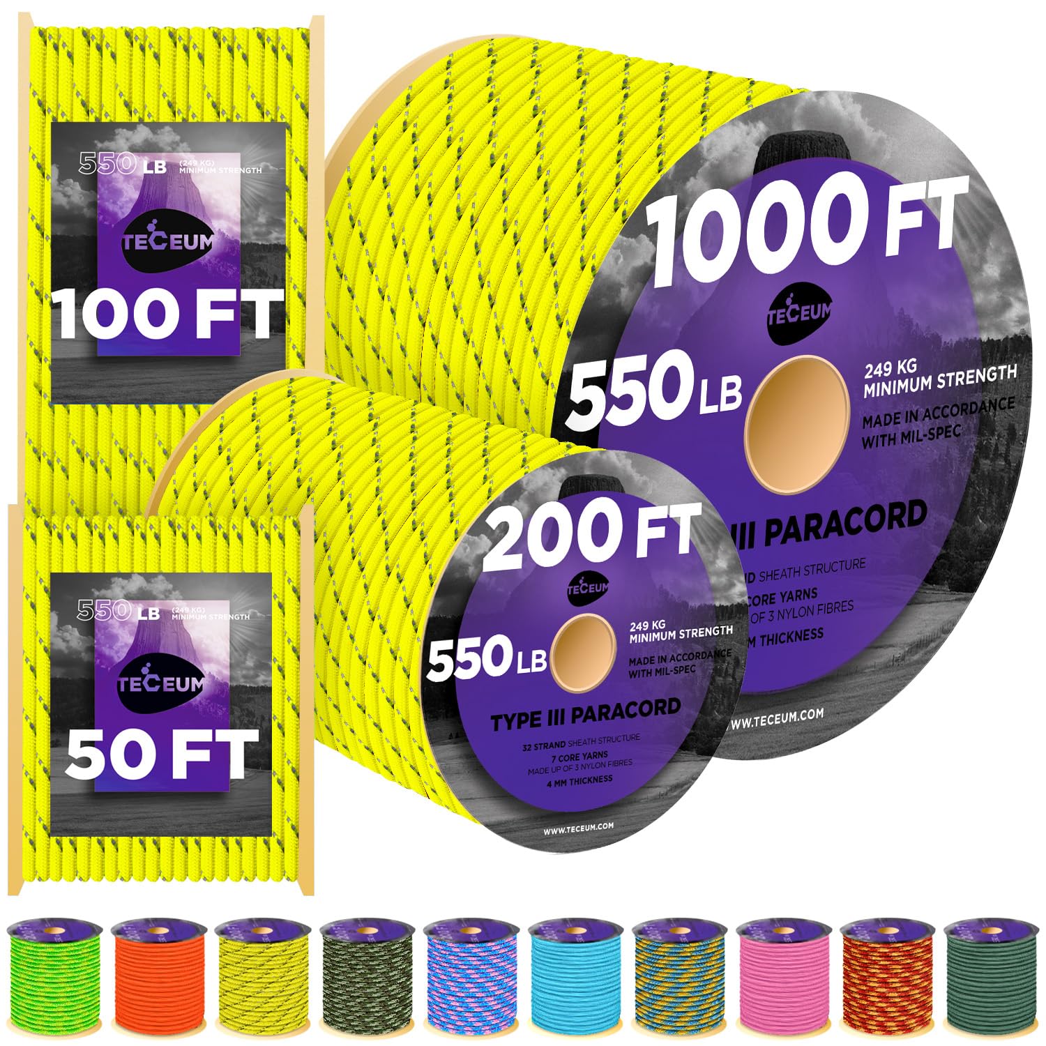 Paracord III 550 Reflective Neon Yellow – 200 ft - image 1