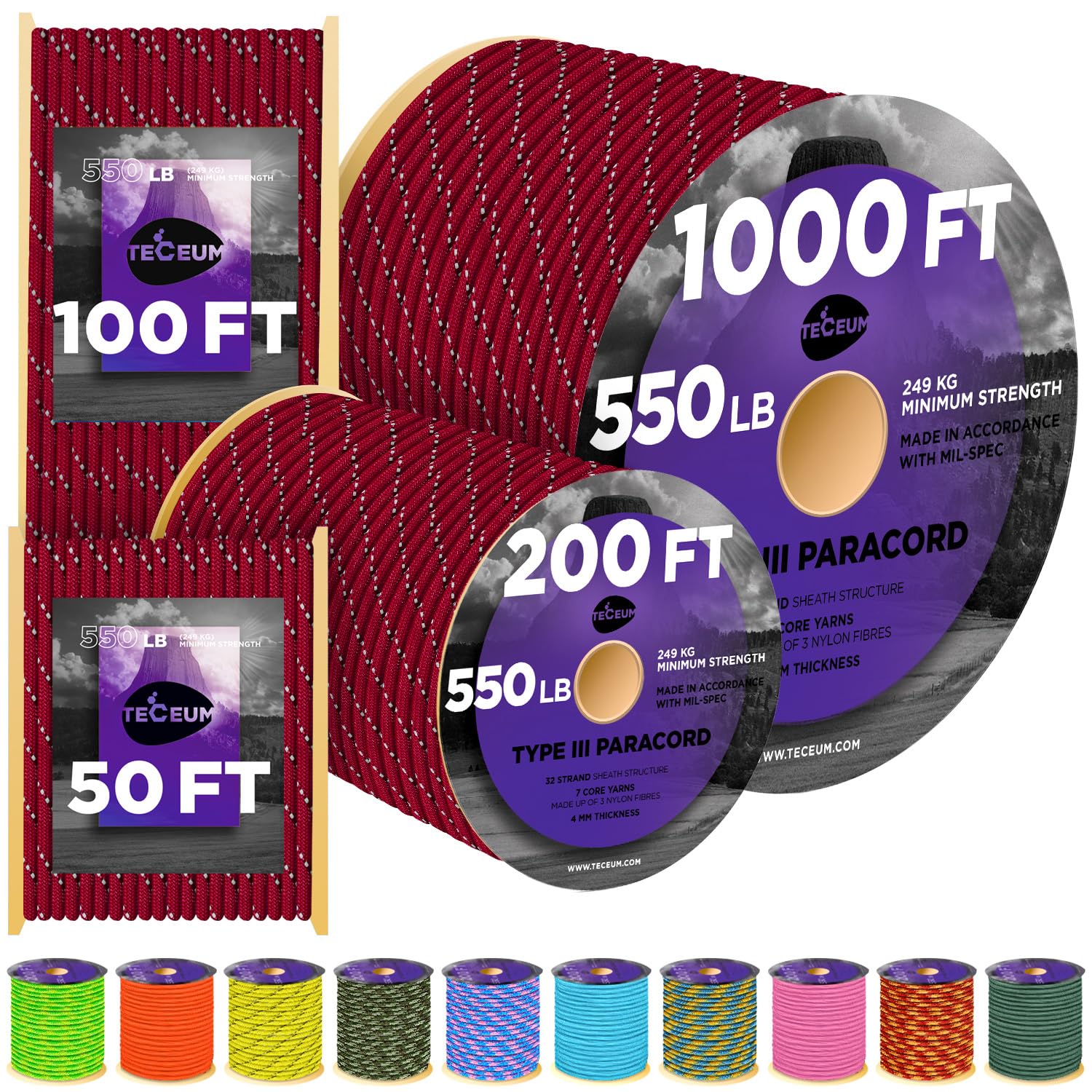 Paracord III 550 Reflective Crimson – 1000 ft - image 1
