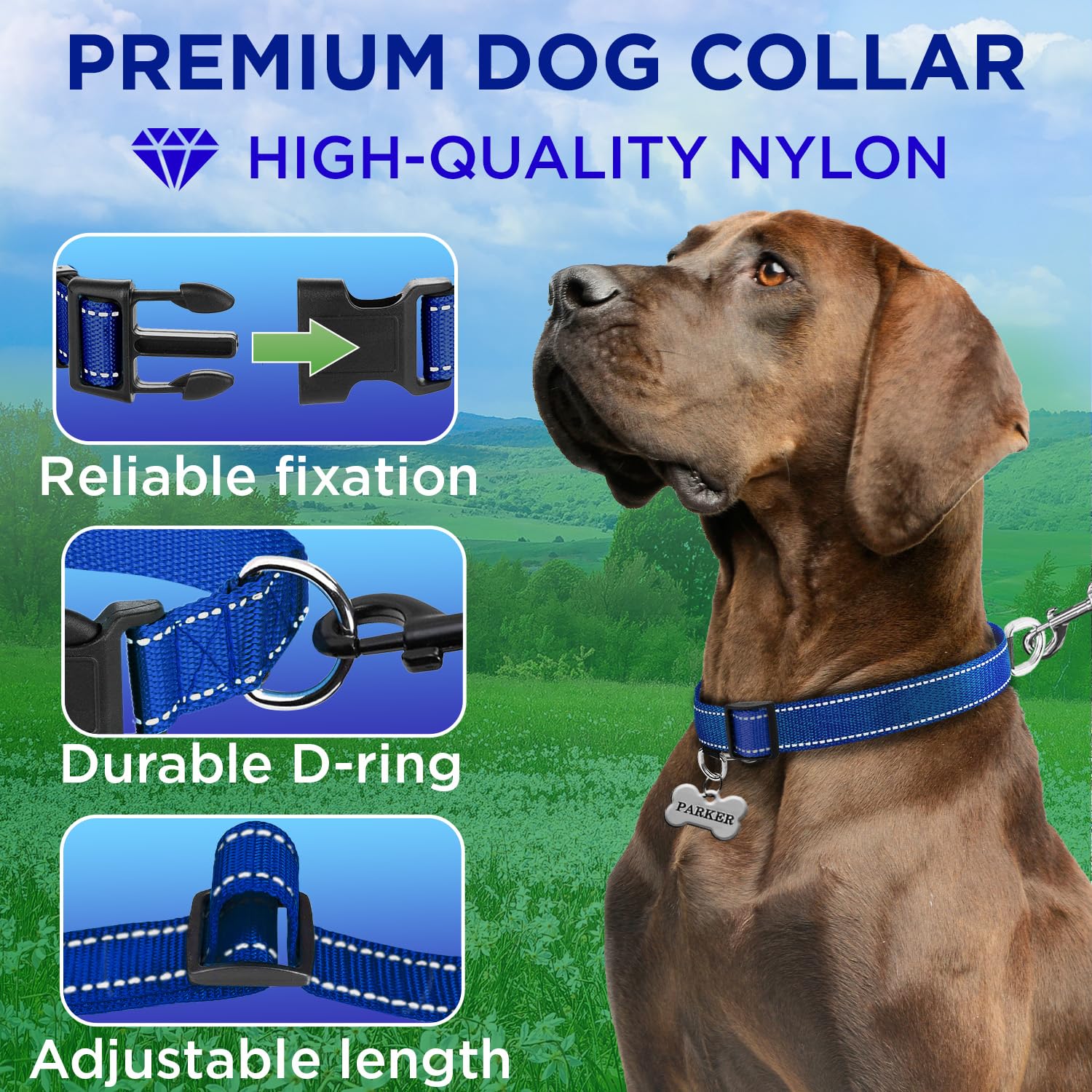 Reflective Dog Collar - 1  1/4" - XL - Navy blue - image 2