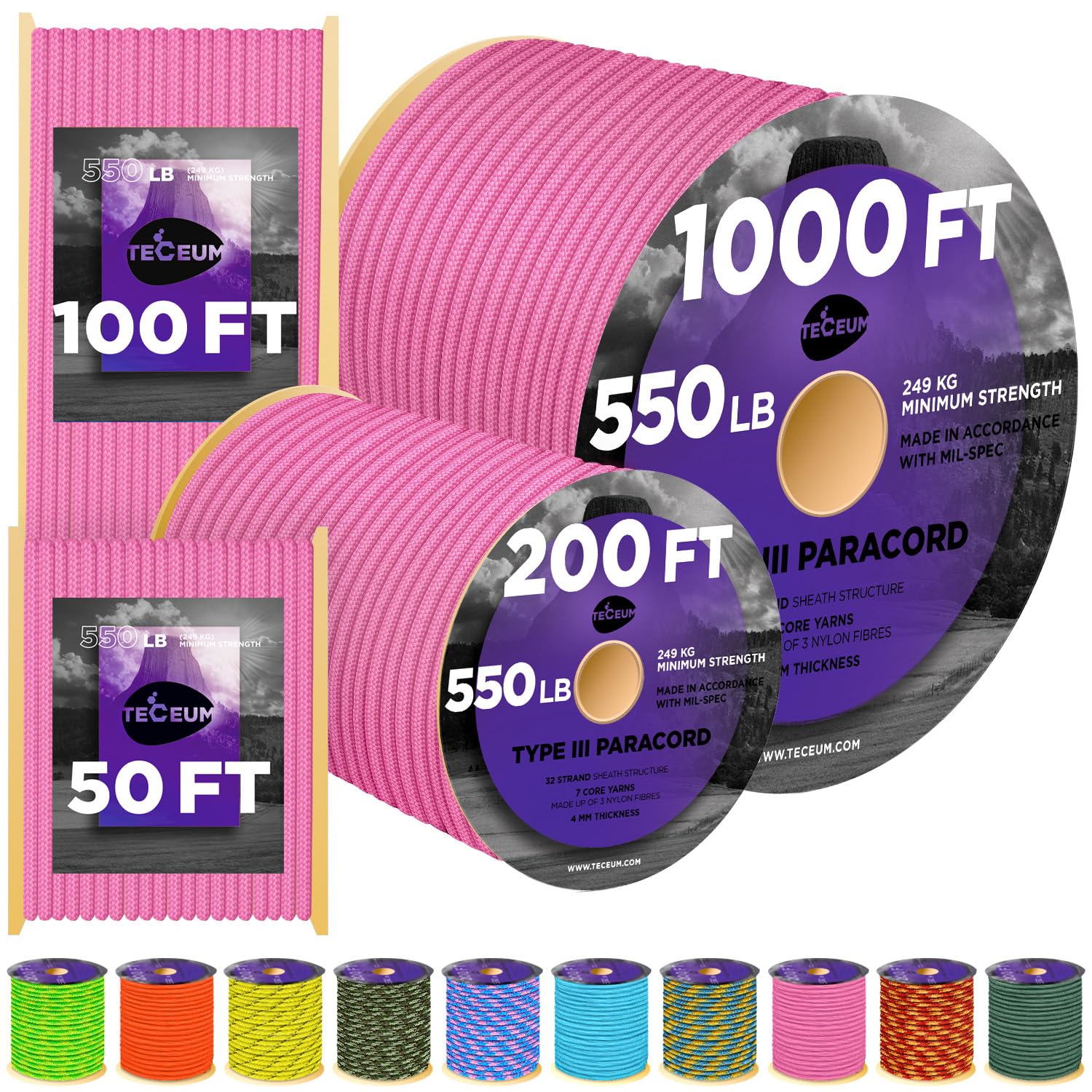 Paracord III 550 Pink – 100 ft - image 1