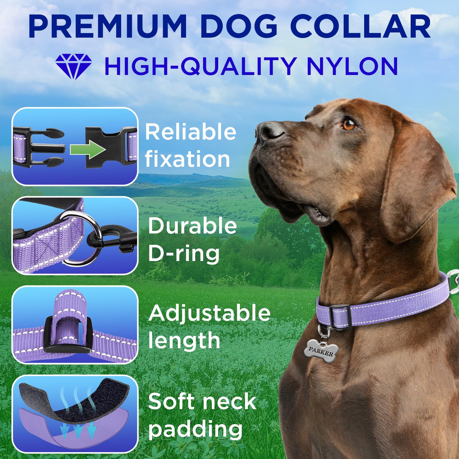 Reflective Dog Collar - 1  1/4" - M - Lavender - image 2