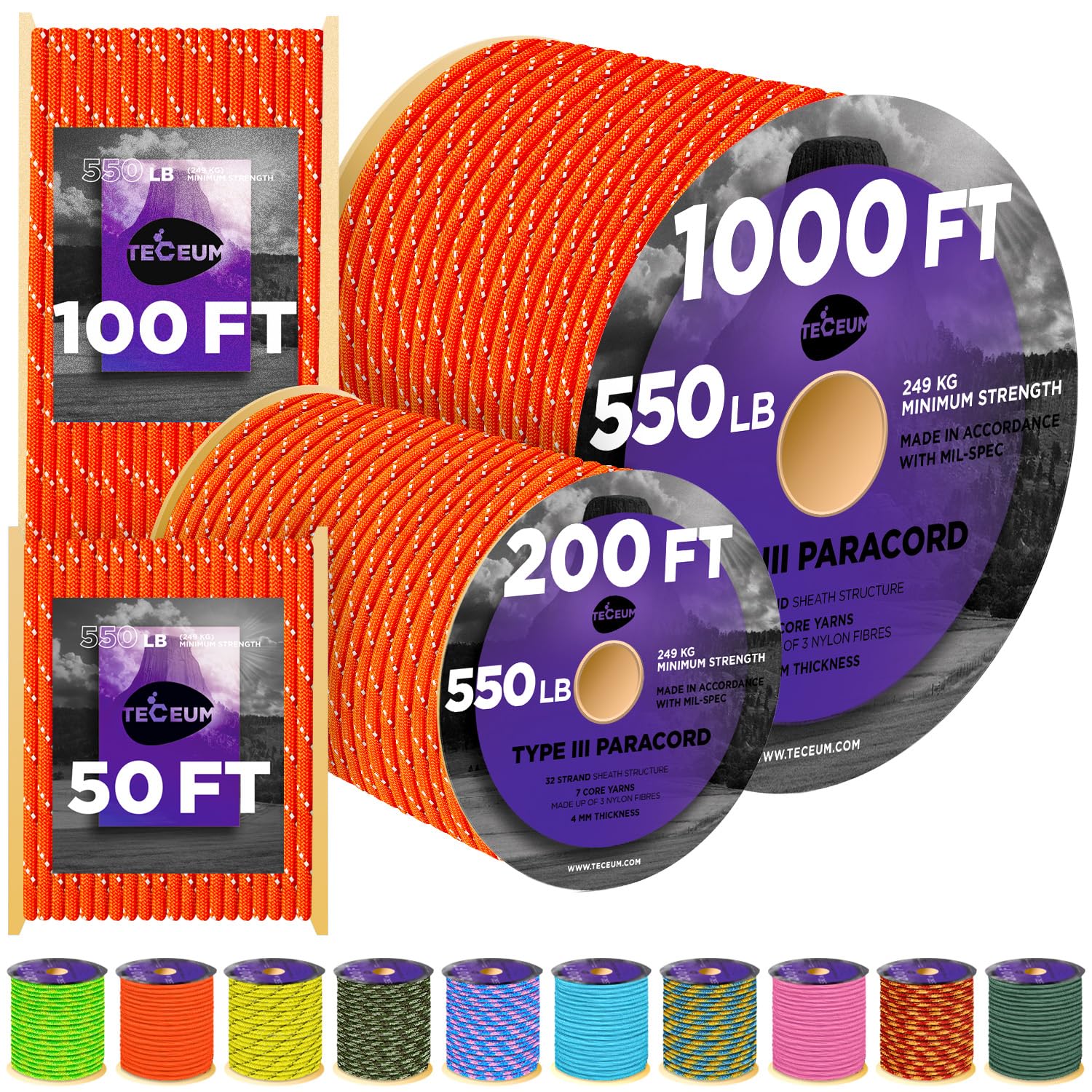 Paracord III 550 Reflective Neon Orange – 50 ft - image 1