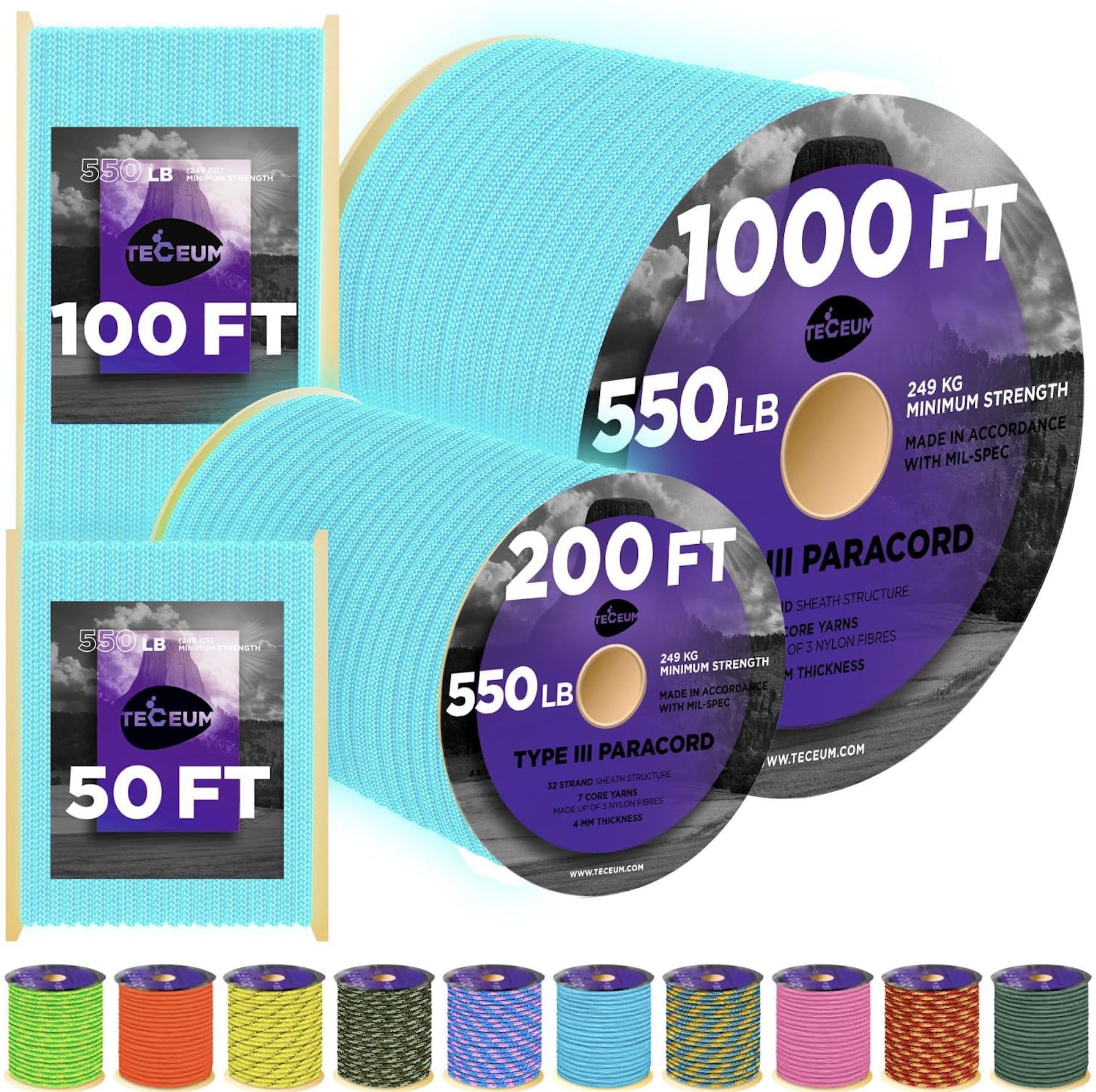 Paracord III 550 Blue - Glow in the dark – 200 ft - image 1