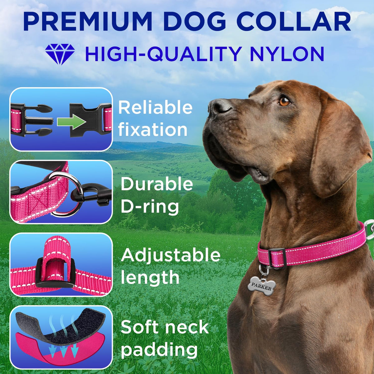 Reflective Dog Collar - 1" - L - Hot Pink - image 2