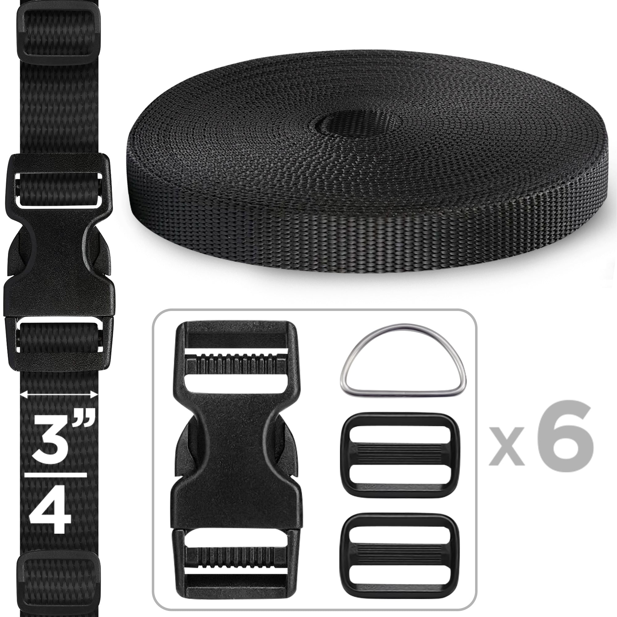 3/4" Buckles & Strap Kit – Black – 6 Yards - image 1