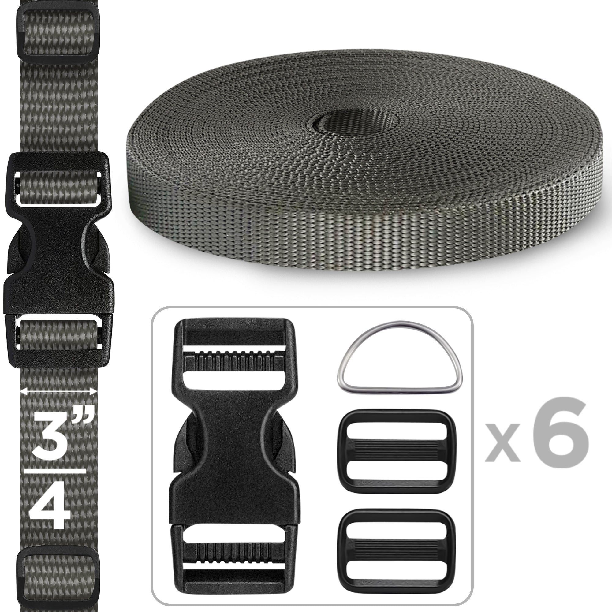 3/4" Buckles & Strap Kit – Charcoal – 6 Yards - image 1