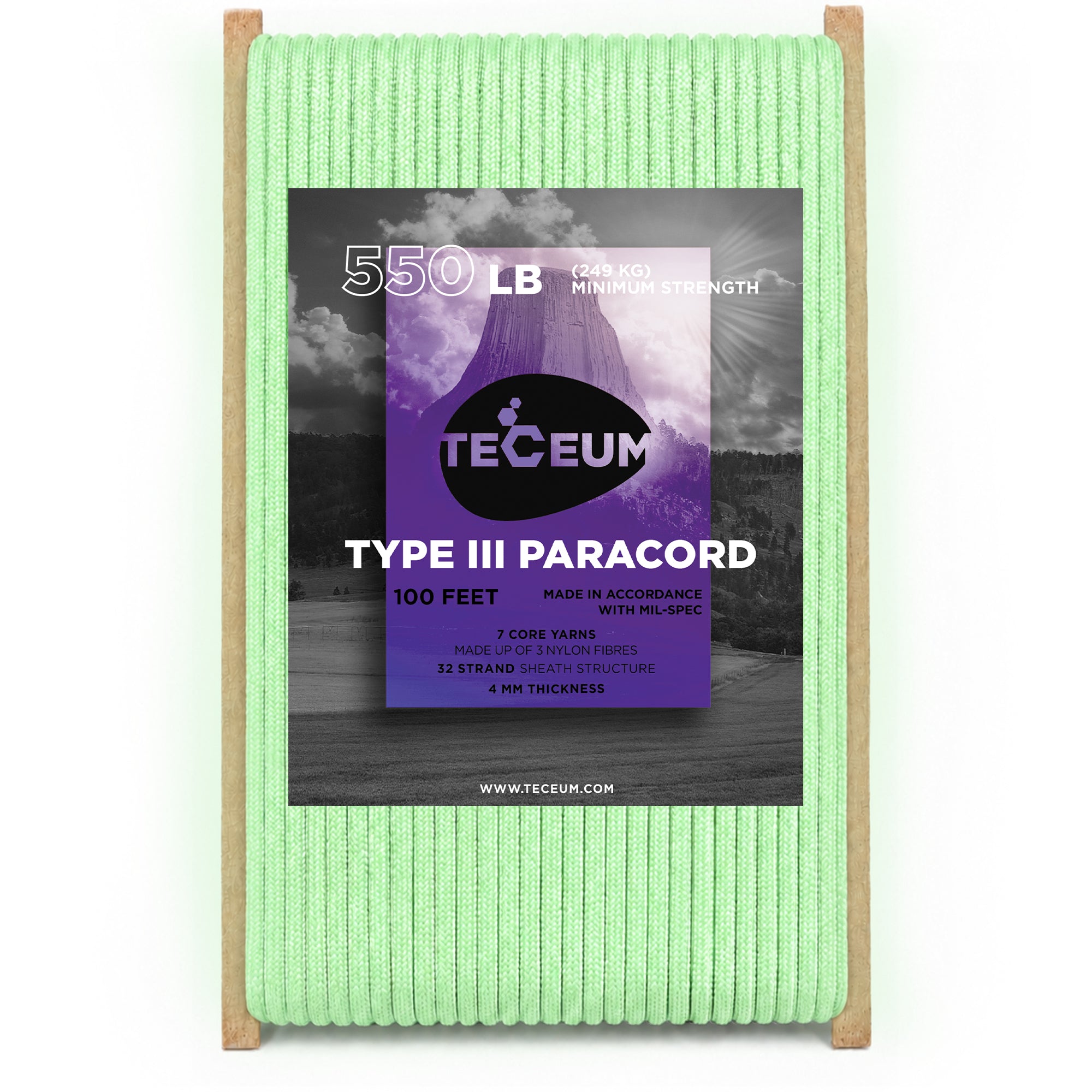 Paracord III 550 Green - Glow in the dark – 100 ft - image 1